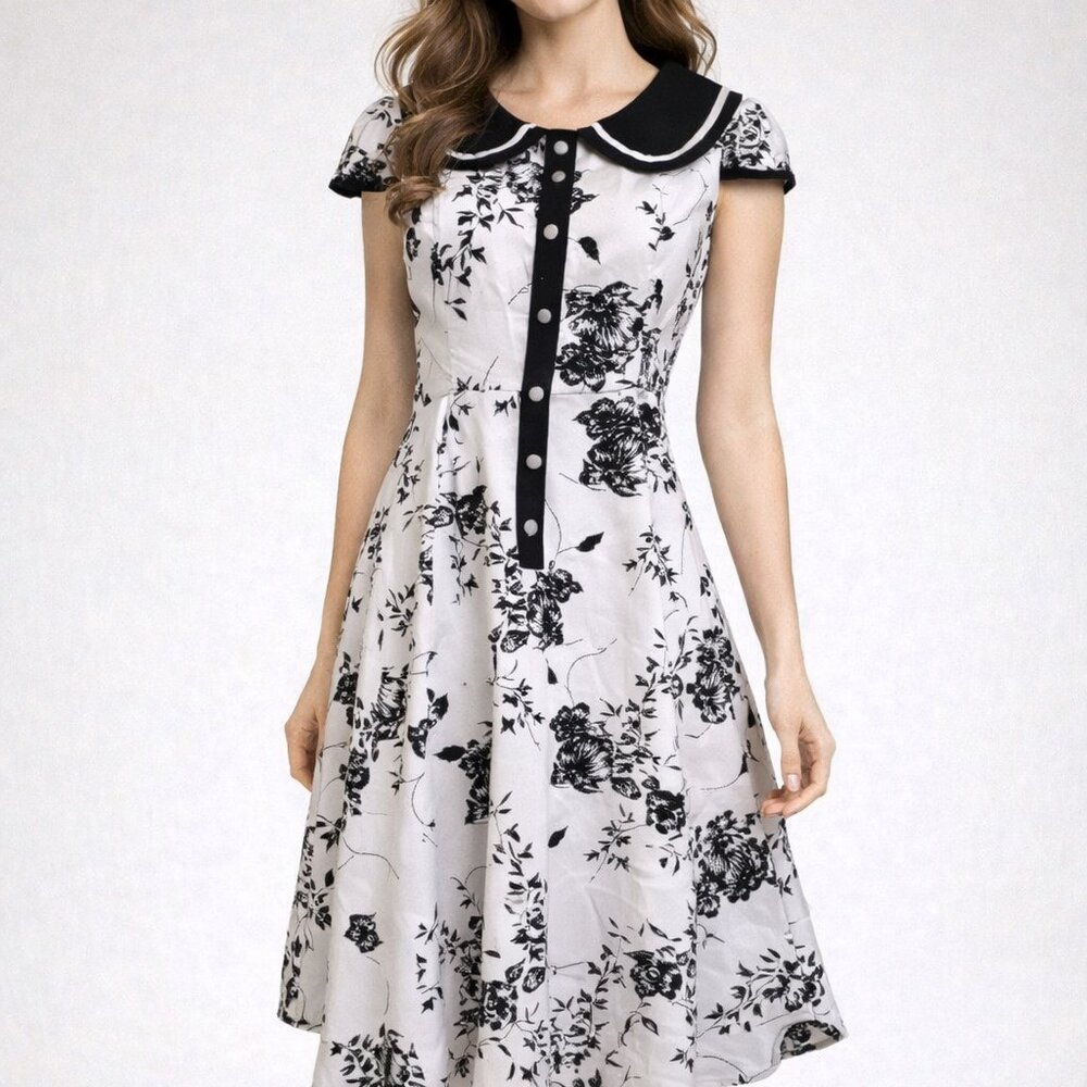 NWT H&R London Vintage Style Fit Flare Dress Sz 10 Black White Floral - Picture 2 of 14